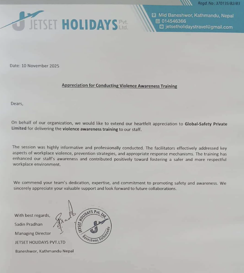 Jetset Holidays Appreciation Letter