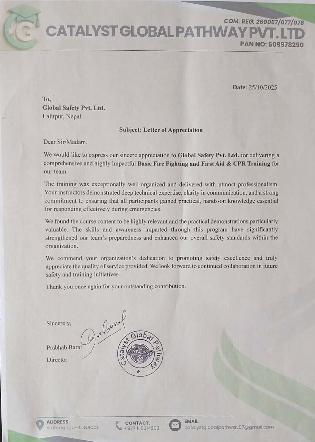 Catalyst Global Pathway Appreciation Letter