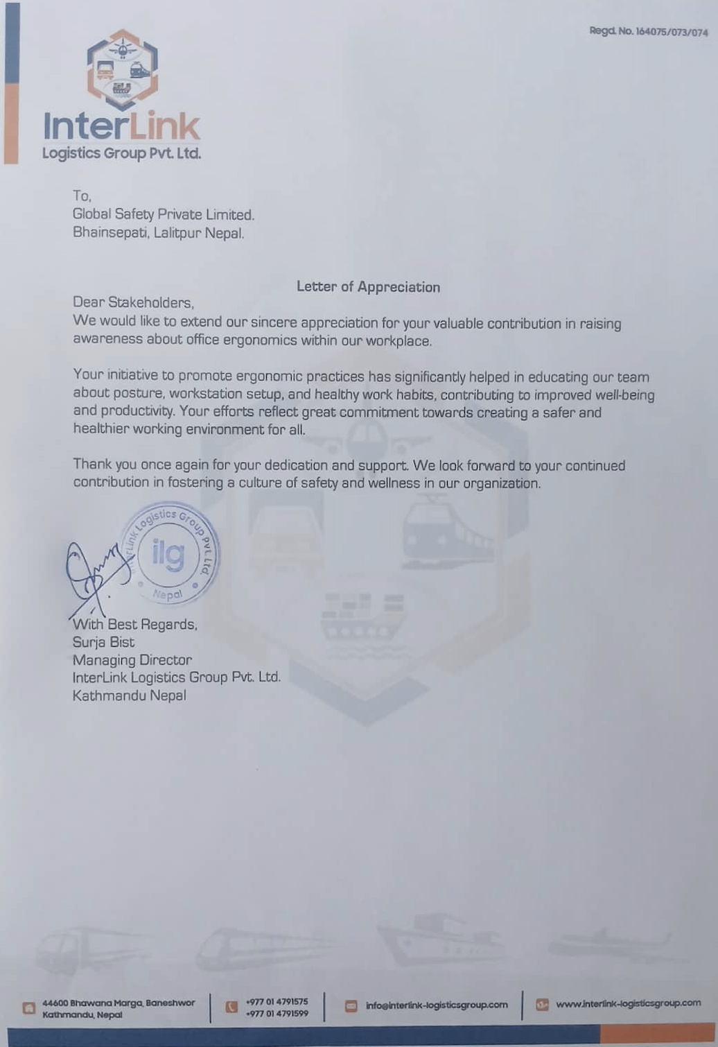 InterLink Logistics Appreciation Letter